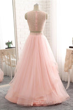 Pink See Through Tulle Beading Strapless Two Piece Prom Dress