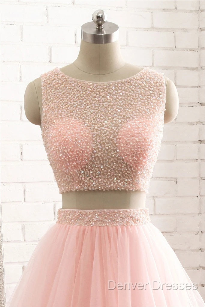 Pink See Through Tulle Beading Strapless Two Piece Prom Dress