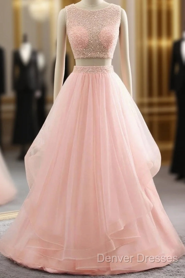 Pink See Through Tulle Beading Strapless Two Piece Prom Dress