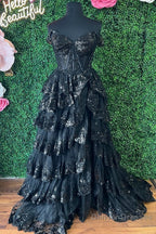 Pink Sequin Appliques Off-the-Shoulder Ruffle Tiered Long Gown