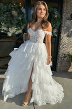 Pink Sequin Appliques Off-the-Shoulder Ruffle Tiered Long Gown