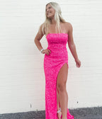 Pink Sequin Long Prom Dress Strapless Mermaid Evening Party Gown