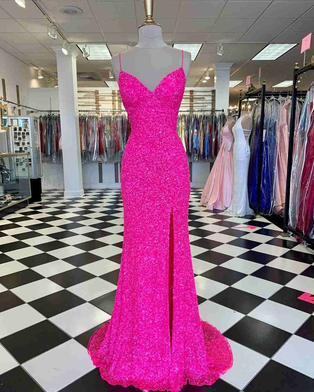 Pink Sequin Long Prom Dress Spaghetti Straps Evening Party Gown Secondary image