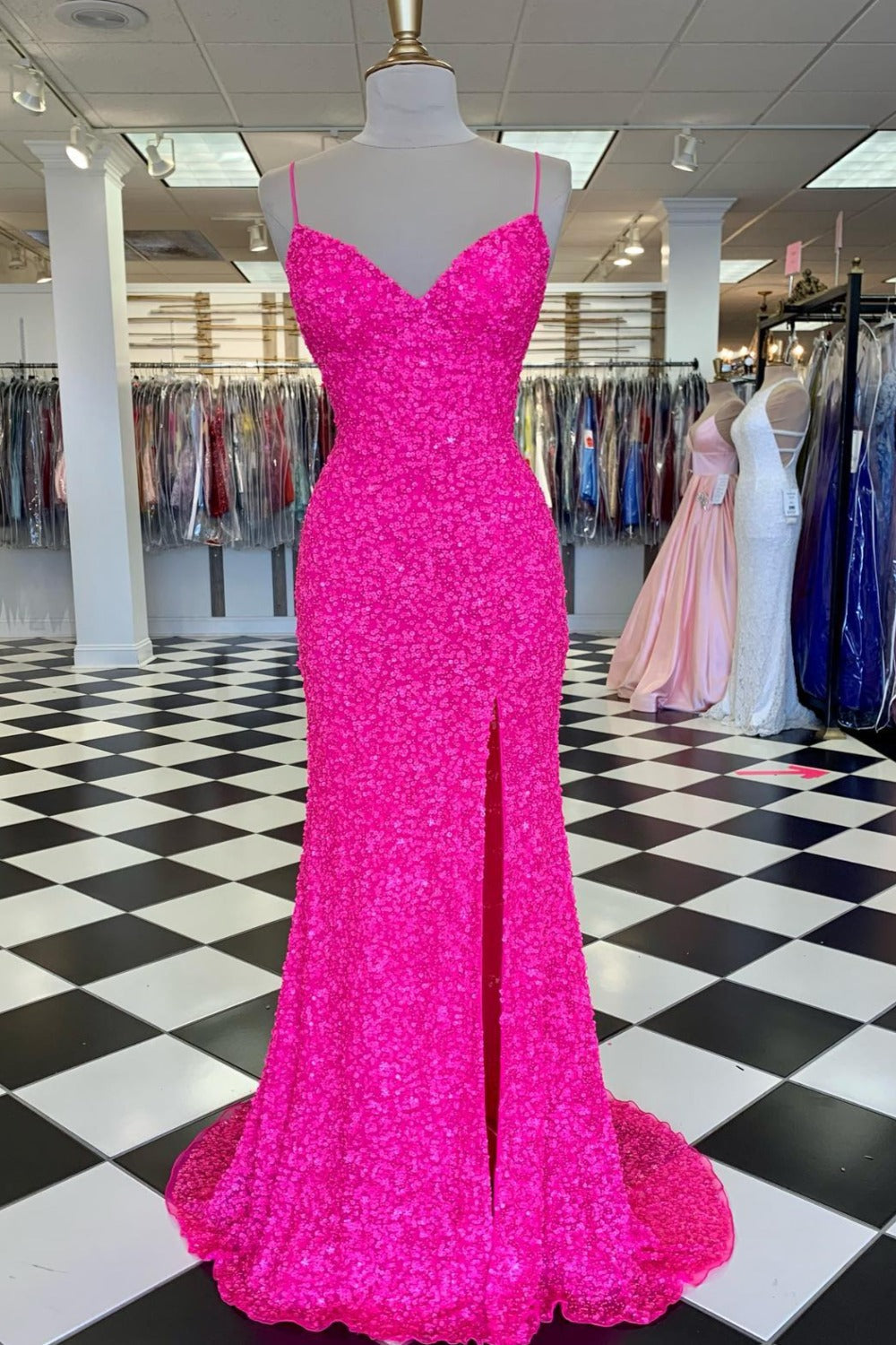 Pink Sequin Long Prom Dress Spaghetti Straps Evening Party Gown Main image