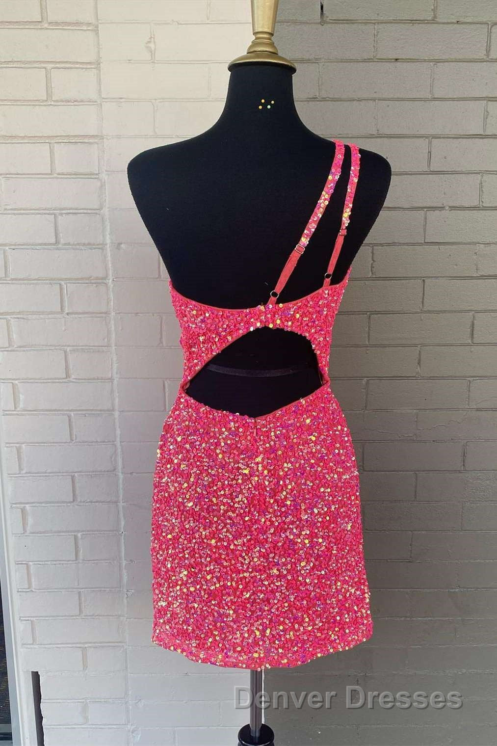 Pink Sequin One Shoulder Cutout Homecoming Dress Gala Dress Short Secondary image