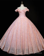 Pink Sequin Prom Ball Gown Ruffle Shoulder Dresses