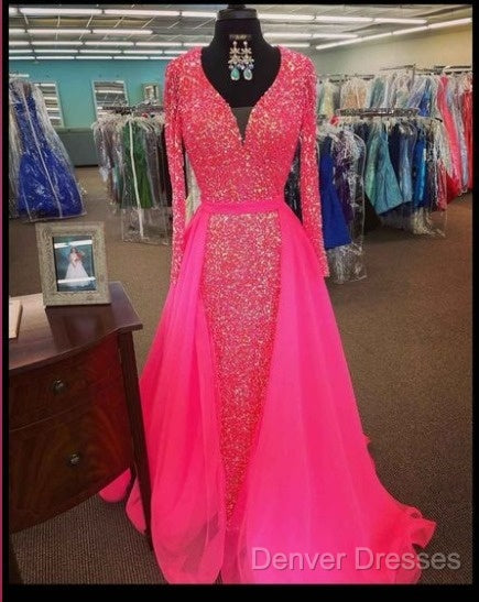 Pink Sequin Prom Dress Long Sleeves V Neck Evening Gowns With Train Secondary image