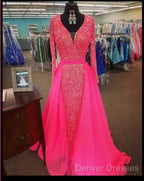 Pink Sequin Prom Dress Long Sleeves V Neck Evening Gowns With Train