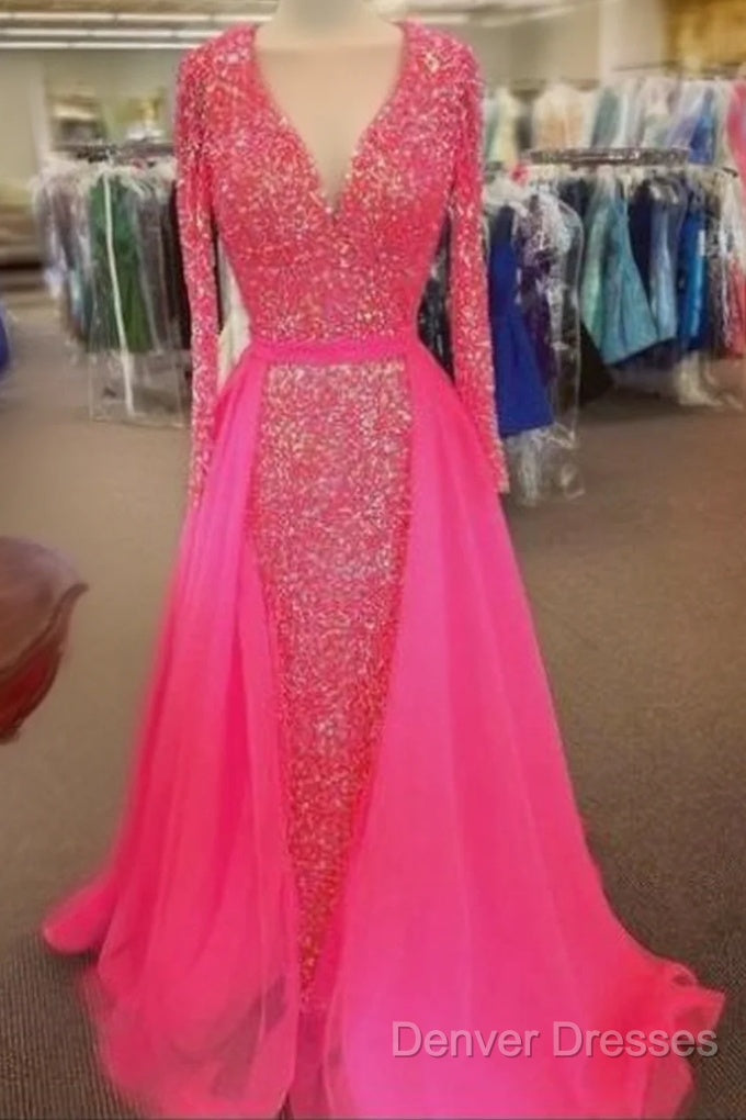 Pink Sequin Prom Dress Long Sleeves V Neck Evening Gowns With Train