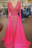 Pink Sequin Prom Dress Long Sleeves V Neck Evening Gowns With Train