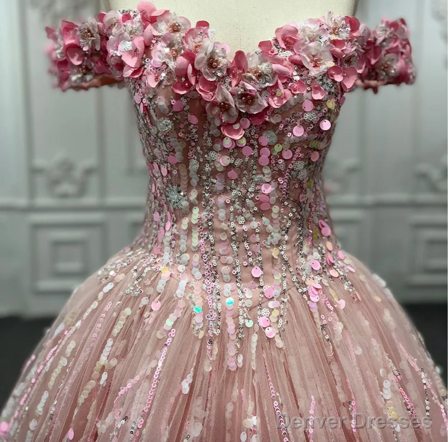 Pink Sequined Off the Shoulder Quinceaera Dress