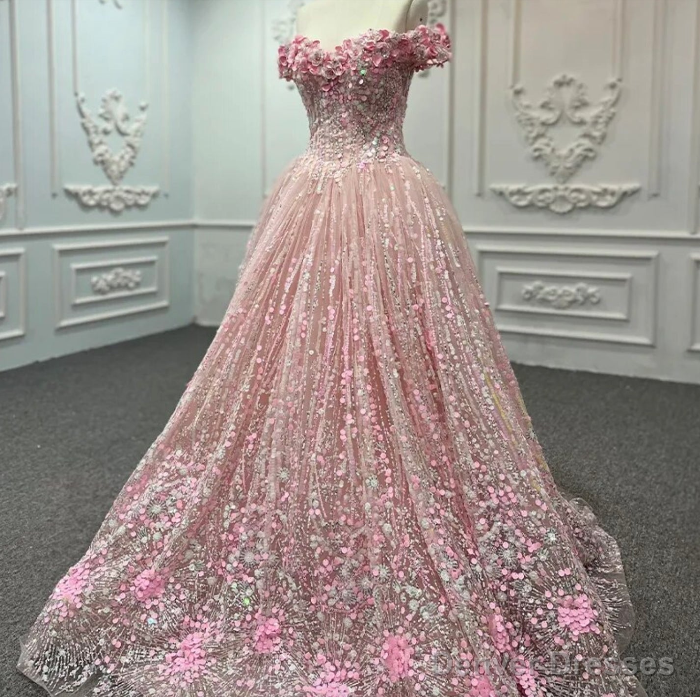 Pink Sequined Off the Shoulder Quinceaera Dress Main image