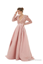 Sequined Satin A Line Front Slit V Neck Full Sleeve Sweep Train Long Prom Dresses