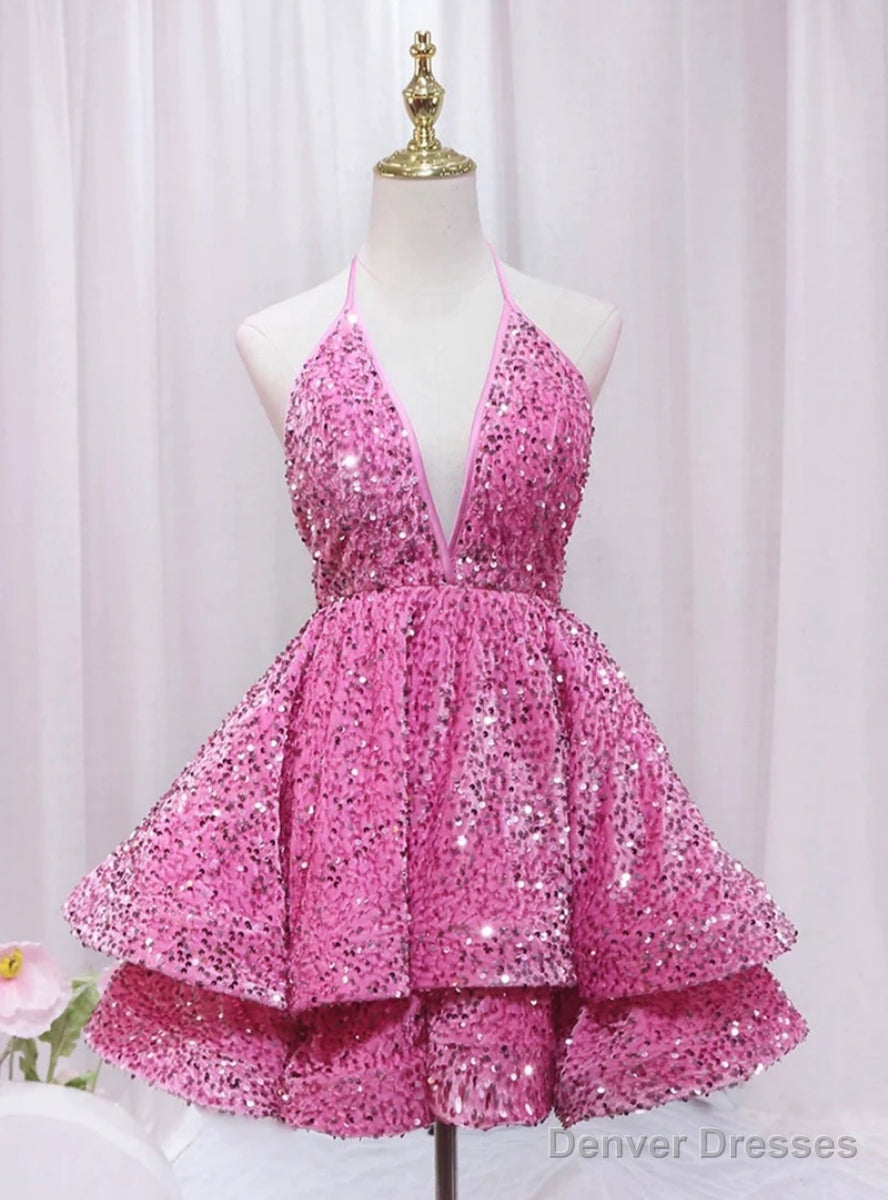 Pink Sequins Deep V-neck Backless Homecoming Dress Main image
