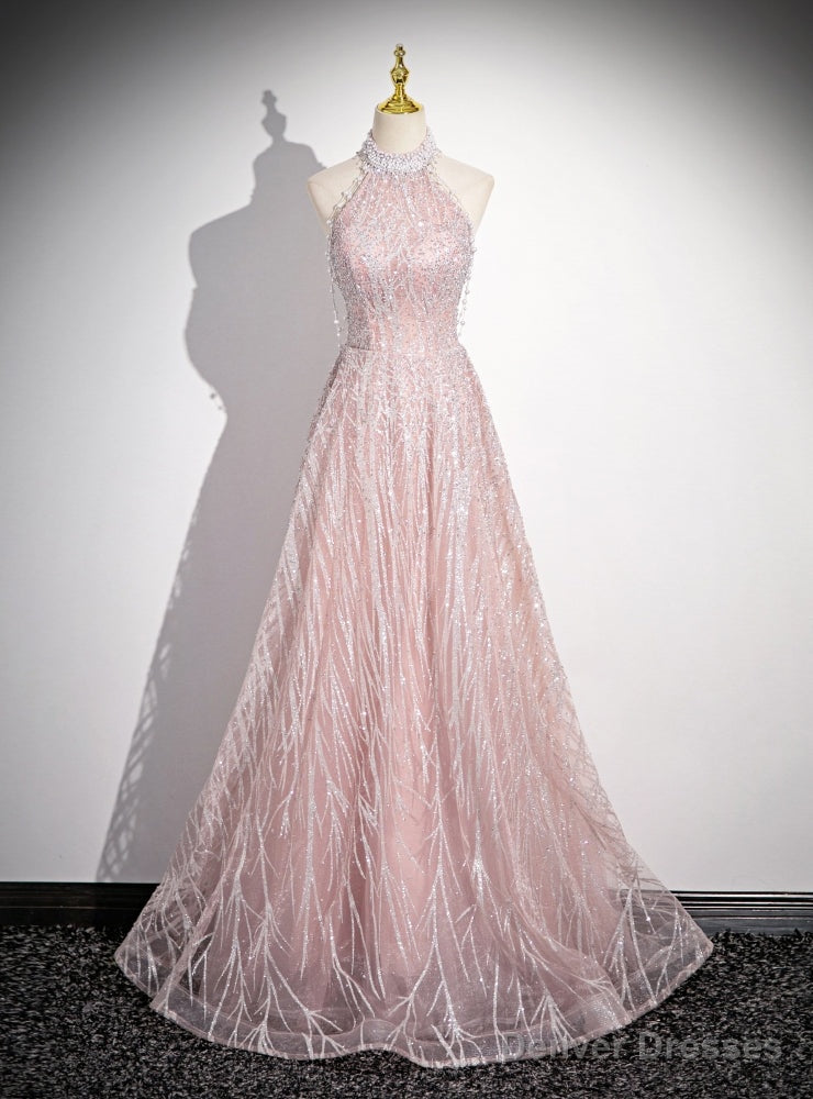 Pink Sequins Halter Backless Beading Prom Dress Main image