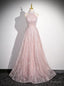 Pink Sequins Halter Backless Beading Prom Dress