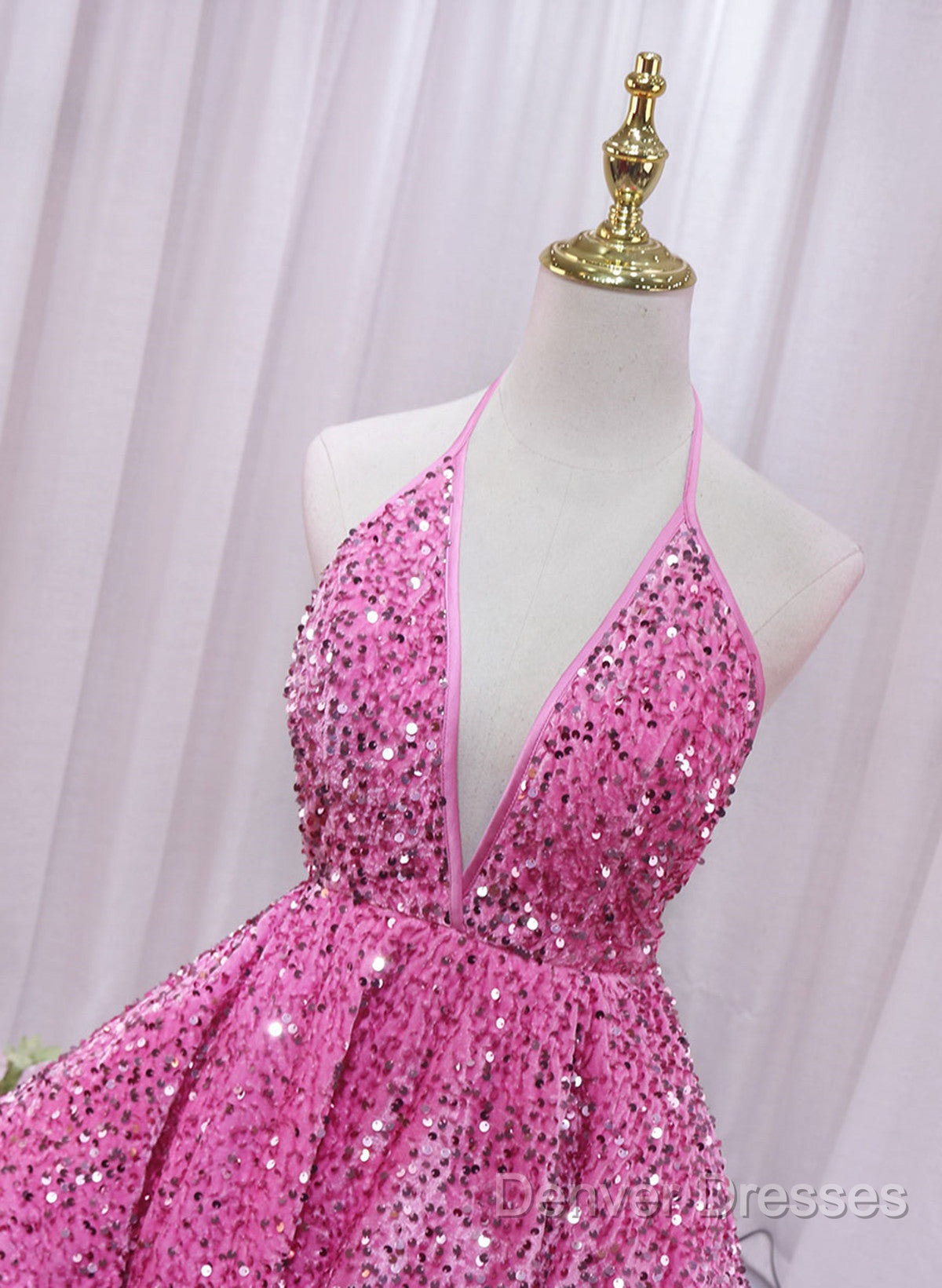 Pink Sequins Halter Backless Short Homecoming Dress, Pink Short Prom Dress Secondary image