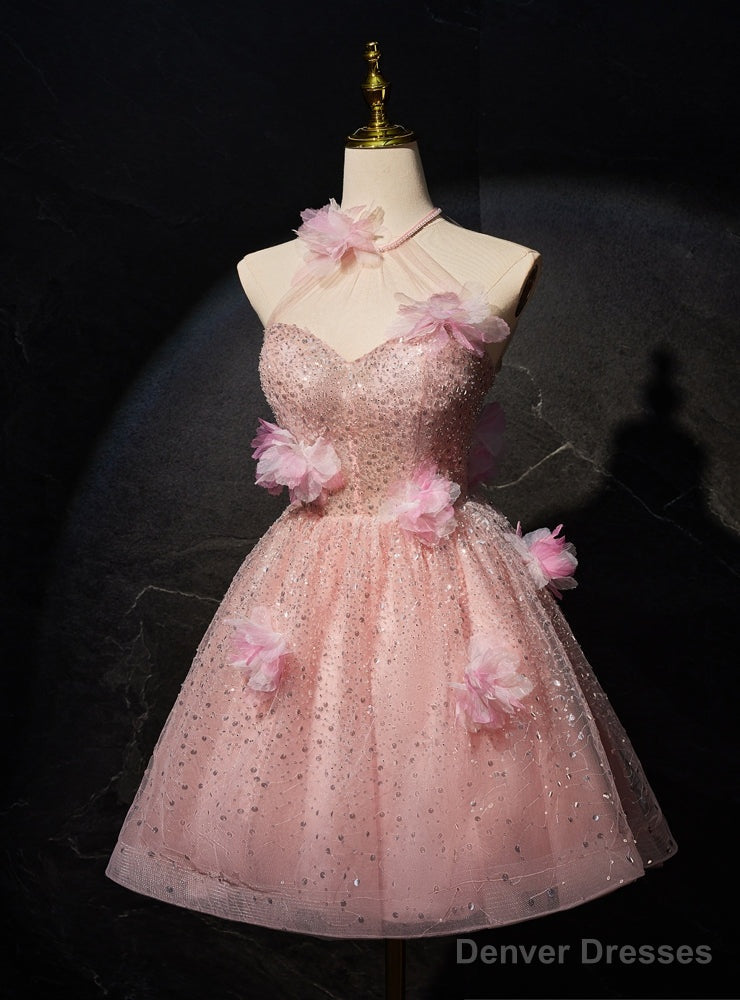 Pink Sequins Halter Flower Homecoming Dress Main image