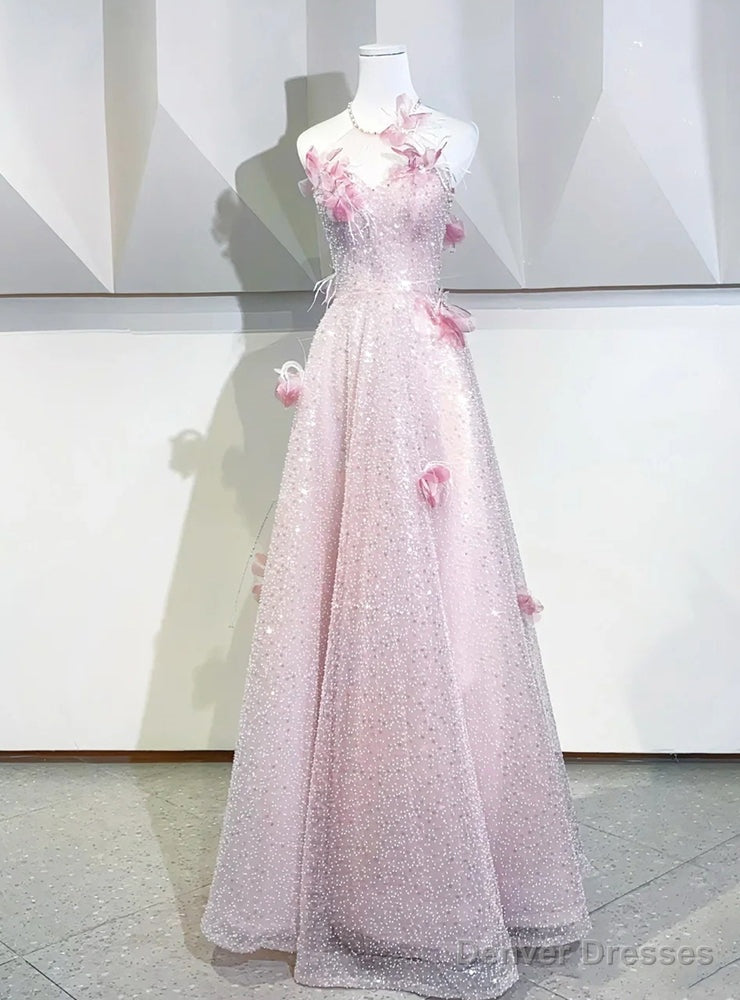 Pink Sequins Halter Flower Prom Dress Main image