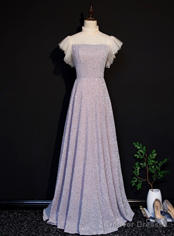 Pink Sequins High Neck Short Sleeve Prom Dress Main image