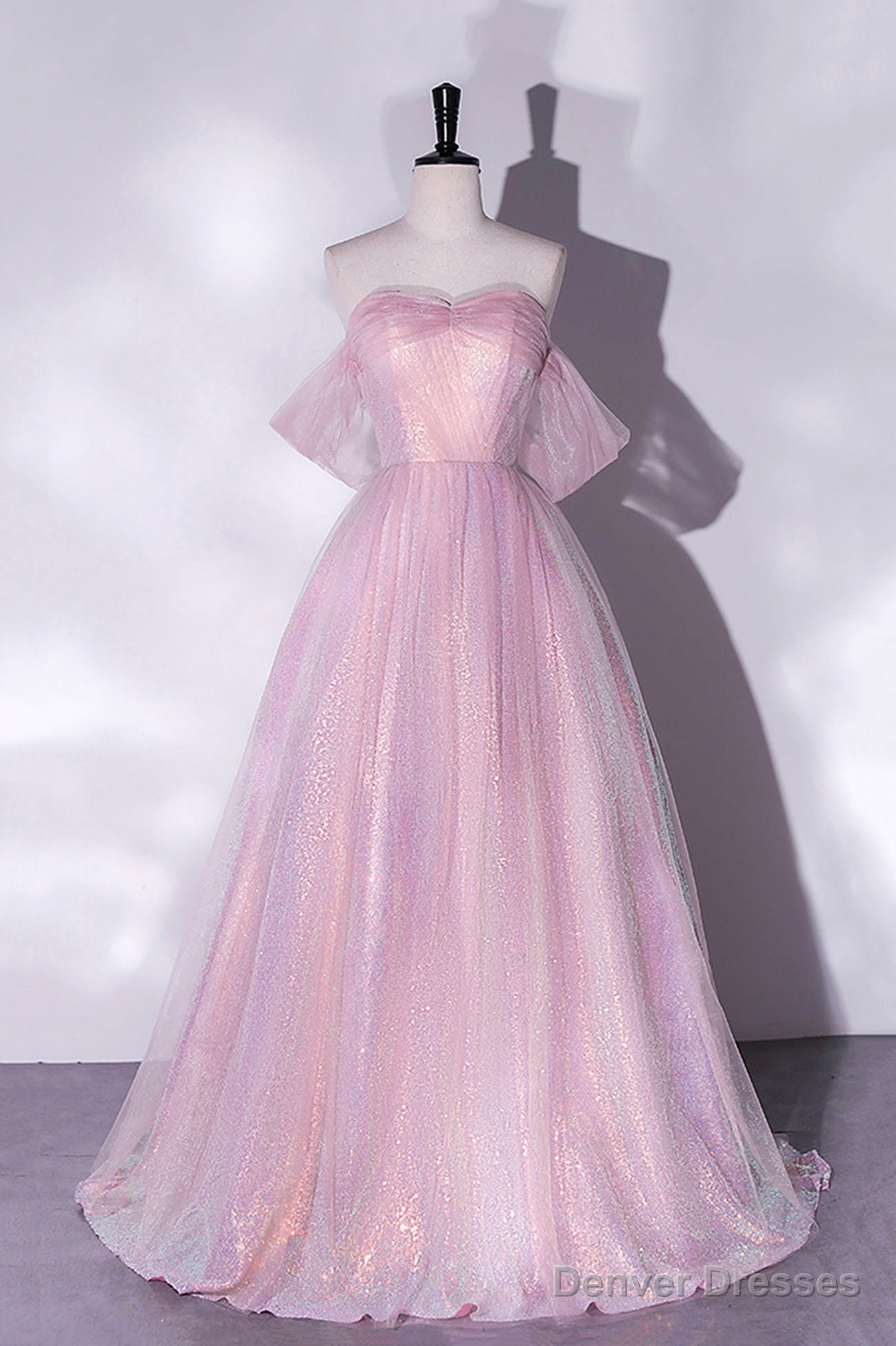Pink Sequins Long A-Line Prom Dress, Off the Shoulder Evening Party Dress