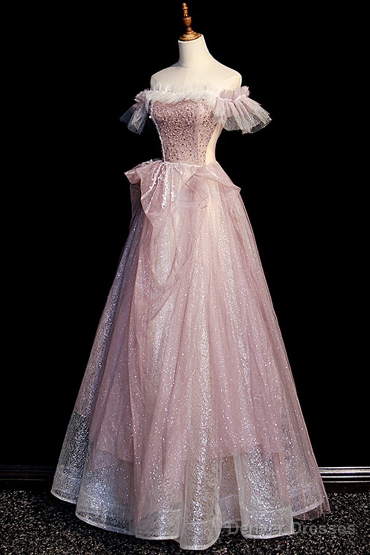 Pink Sequins Long A-Line Prom Dress, Off the Shoulder Evening Party Dress Secondary image