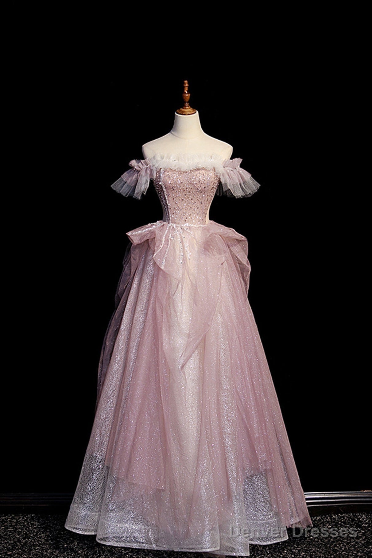 Pink Sequins Long A-Line Prom Dress, Off the Shoulder Evening Party Dress Main image