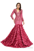 Sequins Mermaid Long V Neck Prom Dresses Full Sleeve