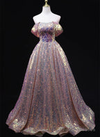 Pink Sequins Off Shoulder A-Line Long Prom Dress, Sequins Evening Dress