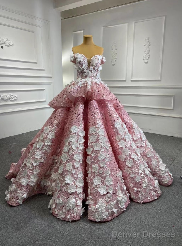 Pink Sequins Off the Shoulder Appliques Prom Dress Main image