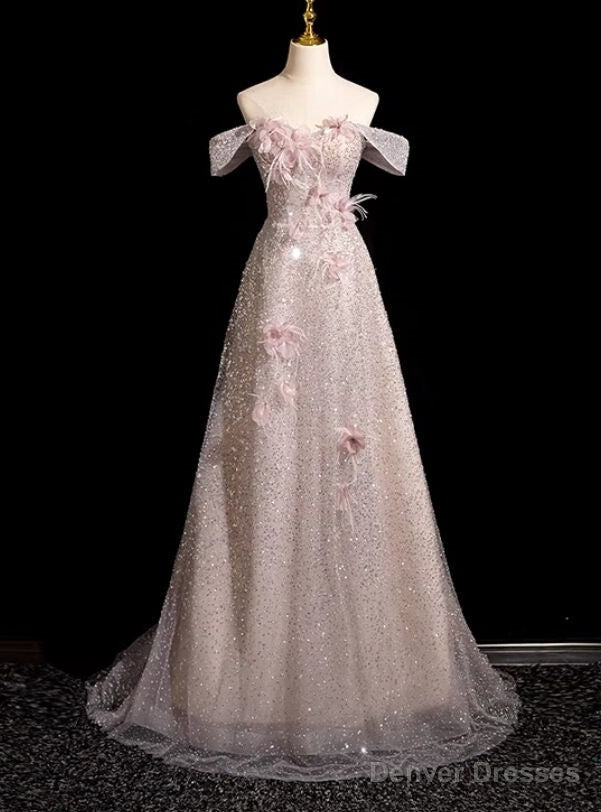 Pink Sequins Off the Shoulder Flower Feather Prom Dress Main image