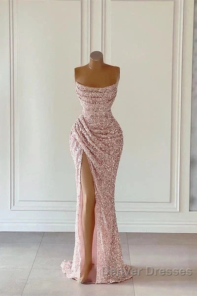 Pink Sequins Sleeveless Evening Dress With Split
