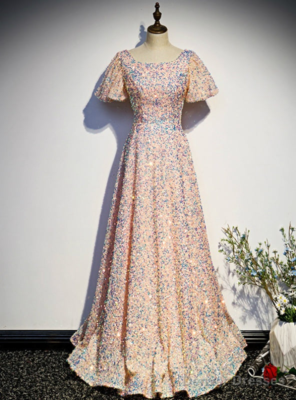 Pink Sequins Square Puff Sleeve Prom Dress Main image