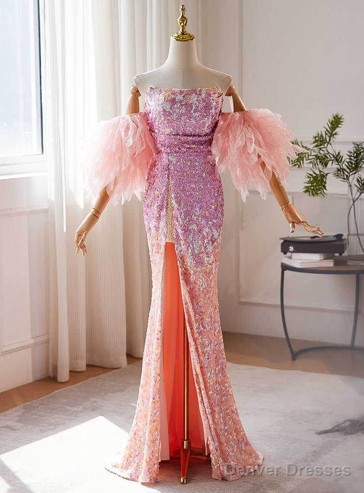 Pink Sequins Strapless Split Prom Dress