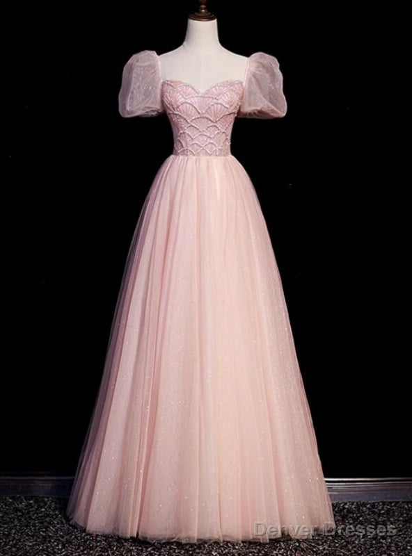 Pink Sequins Tulle Puff Sleeve Beading Prom Dress Main image