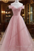 Pink Shiny Tulle Beaded Off Shoulder Long Party Dress, Pink Tulle Formal Dress