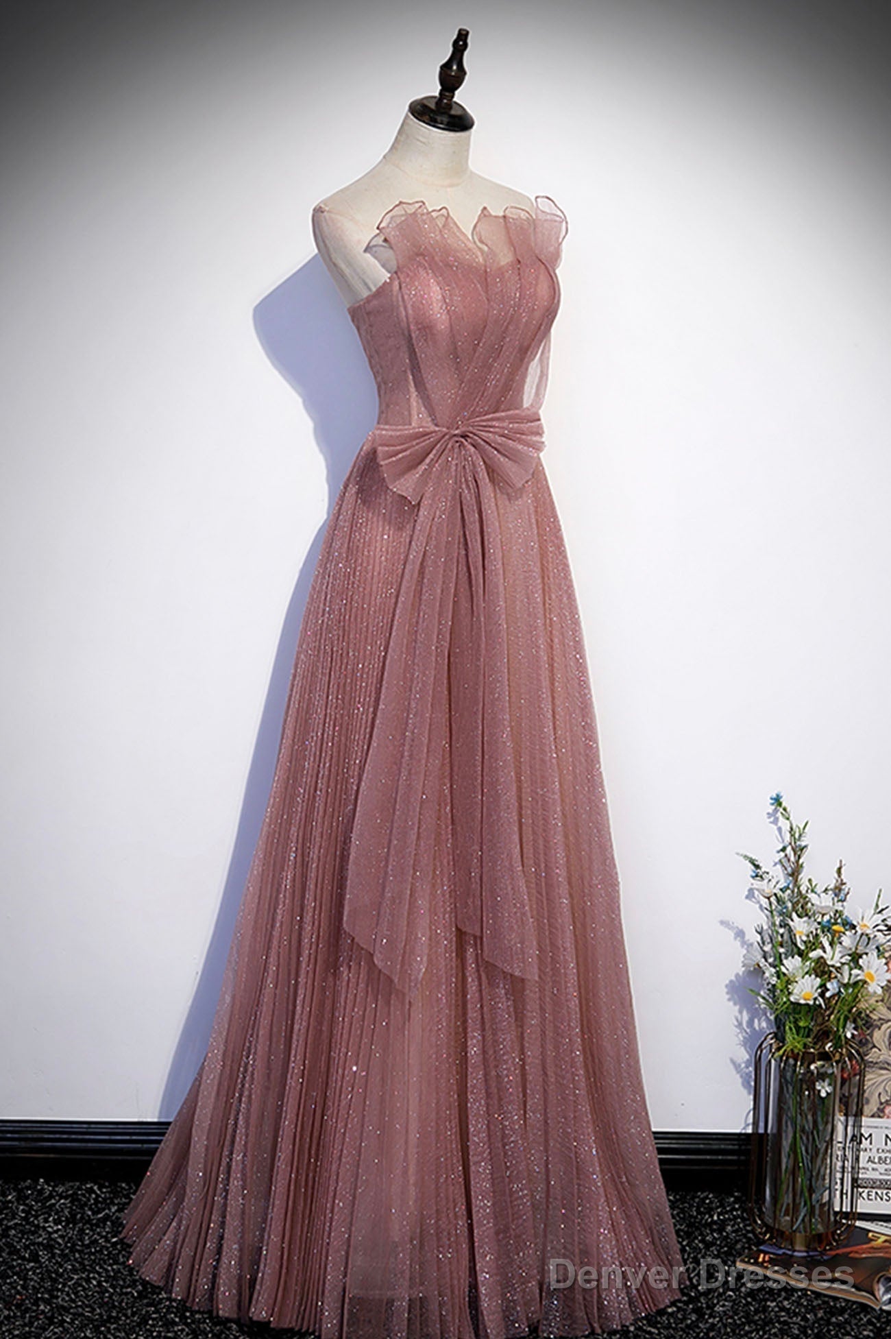 Pink Shiny Tulle Long A-Line Prom Dress, Lovely Strapless Evening Dress Main image