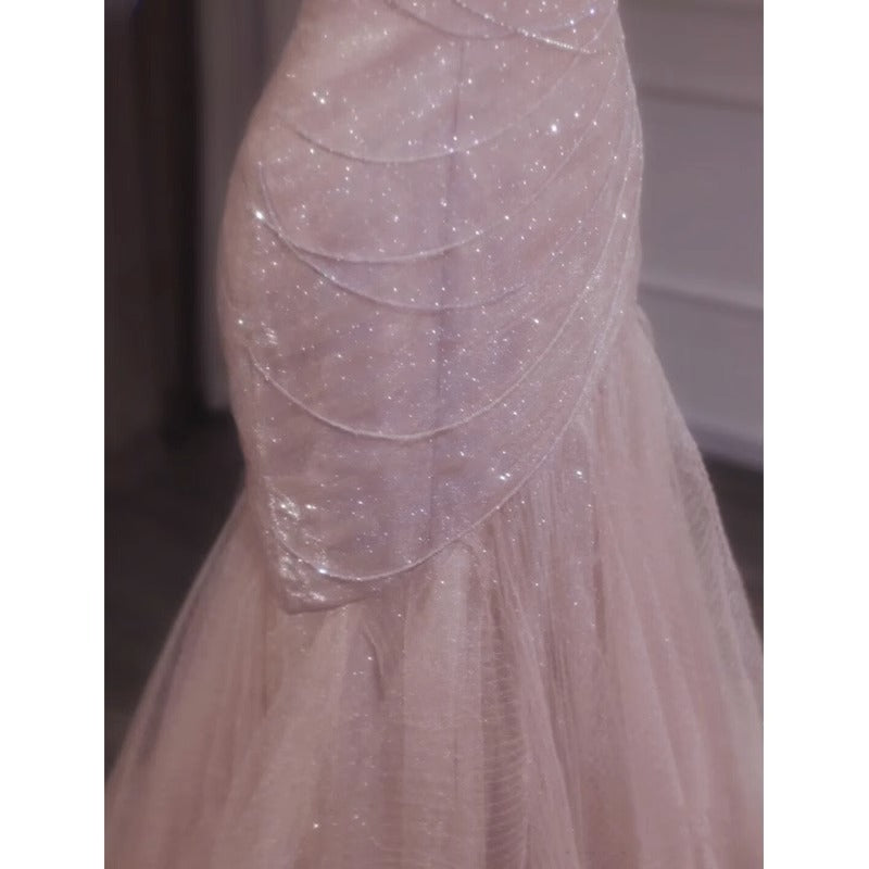 Pink Shiny Tulle Mermaid Prom Dress Fairy Formal Evening Dress