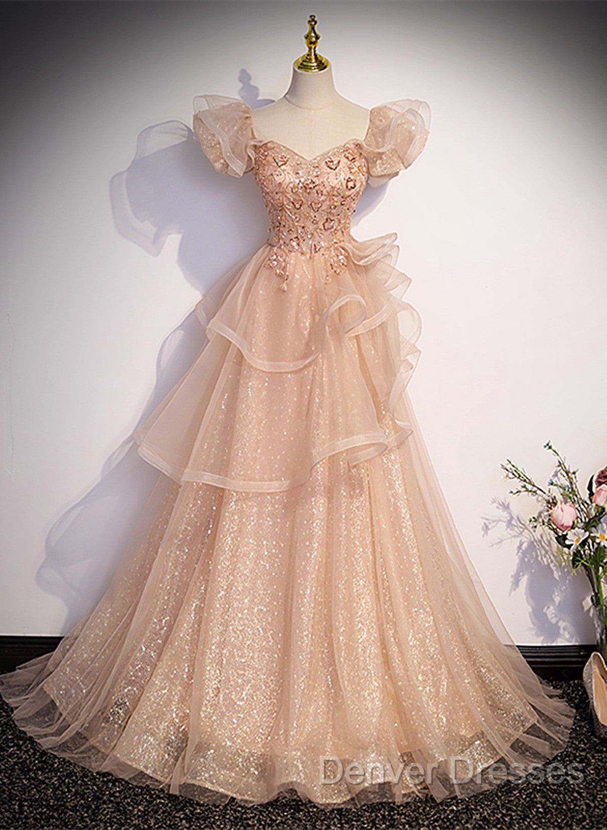 Pink Shiny Tulle Sweetheart Long Layers Party Dress, A-Line Pink Tulle Formal Dress Prom Dress