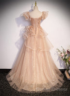 Pink Shiny Tulle Sweetheart Long Layers Party Dress, A-Line Pink Tulle Formal Dress Prom Dress