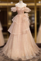 Pink Shiny Tulle Sweetheart Long Layers Party Dress, A-Line Pink Tulle Formal Dress Prom Dress