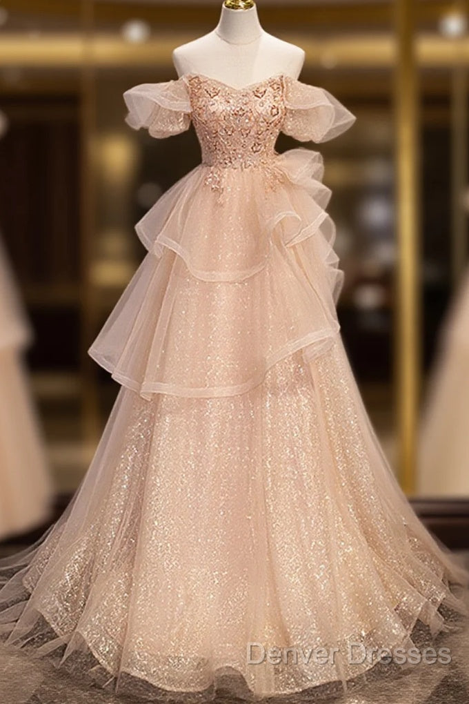 Pink Shiny Tulle Sweetheart Long Layers Party Dress, A-Line Pink Tulle Formal Dress Prom Dress