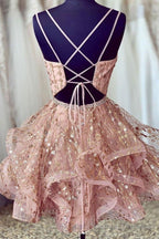 Pink Short Homecoming Dresses Sequined Party Dress  V-Neck Evening Dress