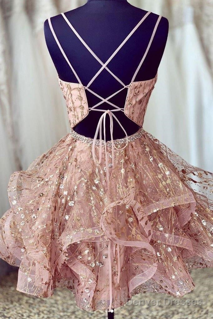Pink Short Homecoming Dresses Sequined Party Dress  V-Neck Evening Dress