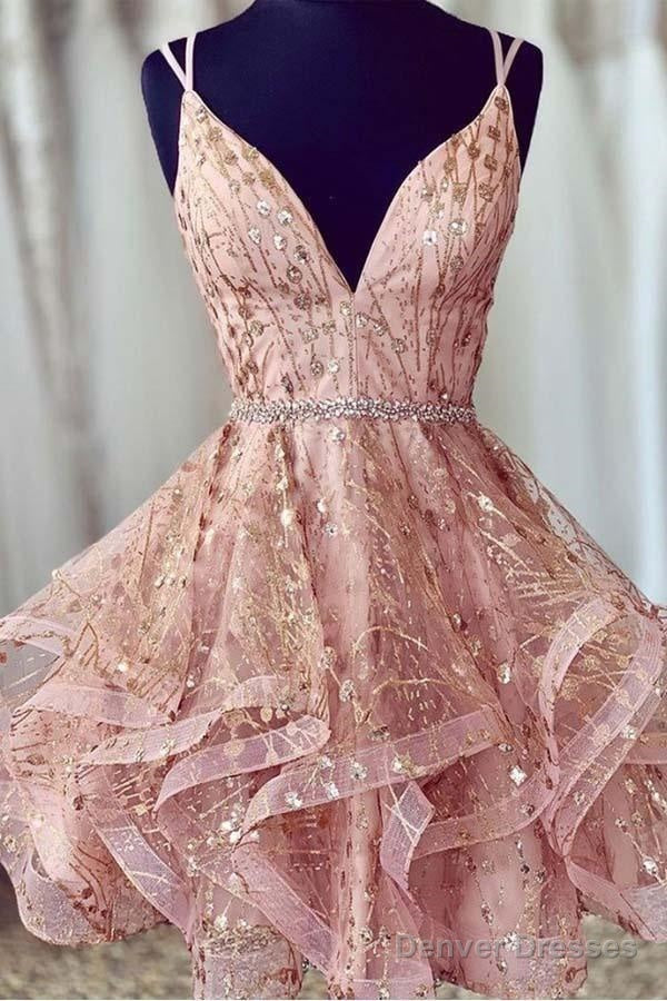 Pink Short Homecoming Dresses Sequined Party Dress  V-Neck Evening Dress
