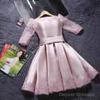 Pink Short Satin With Lace Round Neckline Wedding Party Dresses, Pink Cute Homecoming Dress