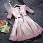Pink Short Satin With Lace Round Neckline Wedding Party Dresses, Pink Cute Homecoming Dress