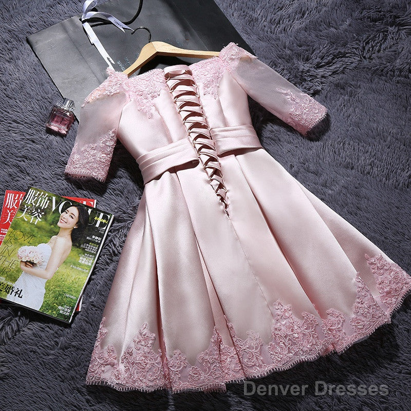 Pink Short Satin With Lace Round Neckline Wedding Party Dresses, Pink Cute Homecoming Dress