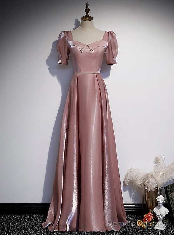 Pink Short Sleeve Square Pearls Prom Dress Main image