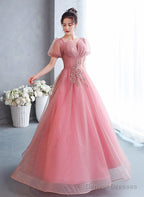 Pink Short Sleeves Beaded Tulle Long Formal Dress, Pink Tulle Prom Dress Evening Dress